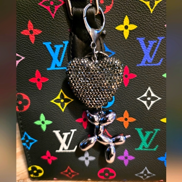 Black Crystal Heart & Dark Silver Balloon Dog Purse Charm - Picture 1 of 2